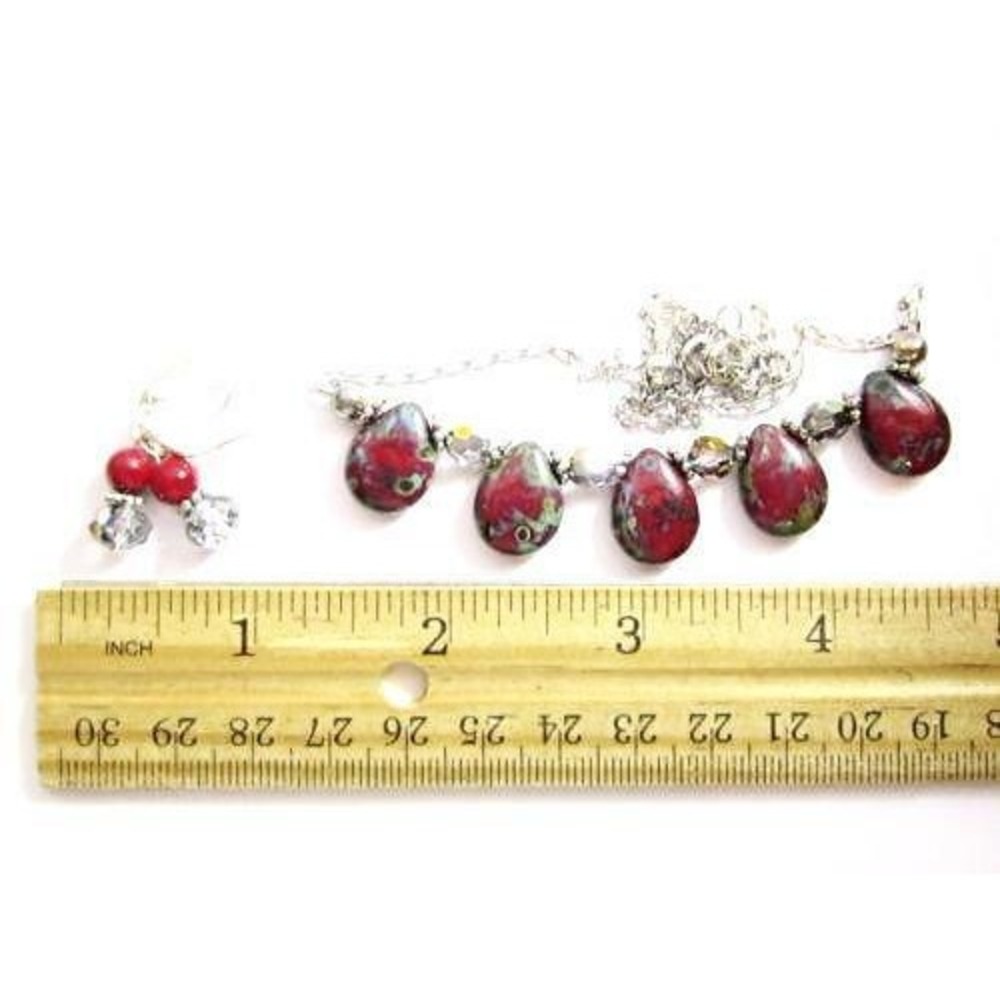 Artisan Red & Green Agate Gemstone, Crystal Bead Necklace & Drop Earring Set - Picture 2 of 2